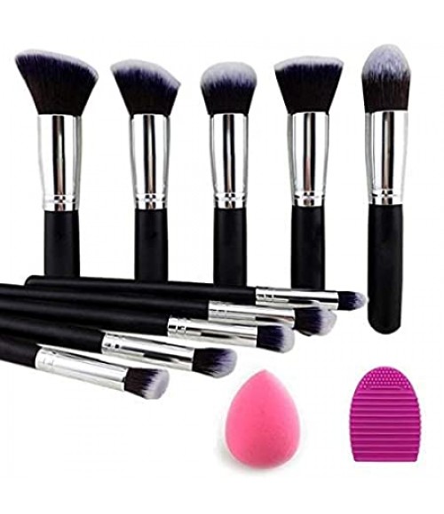 KYLIE Premium Synthetic Kabuki Foundation Face Powder Blush Eyeshadow Brush Makeup Brush Kit with Blender Sponge and Brush Cleaner - Makeup Brushes Set (10pcs, Black/Silver)